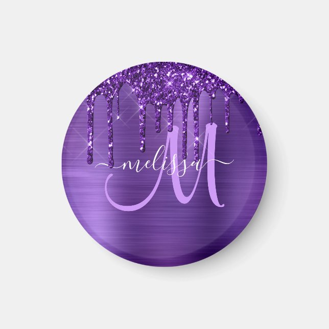 Girly Lila Glitter Push Metall Monogram Magnet (Framsidan)