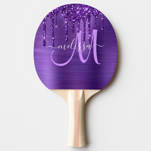 Girly Lila Glitter Push Metall Monogram Pingisracket (Framsidan)