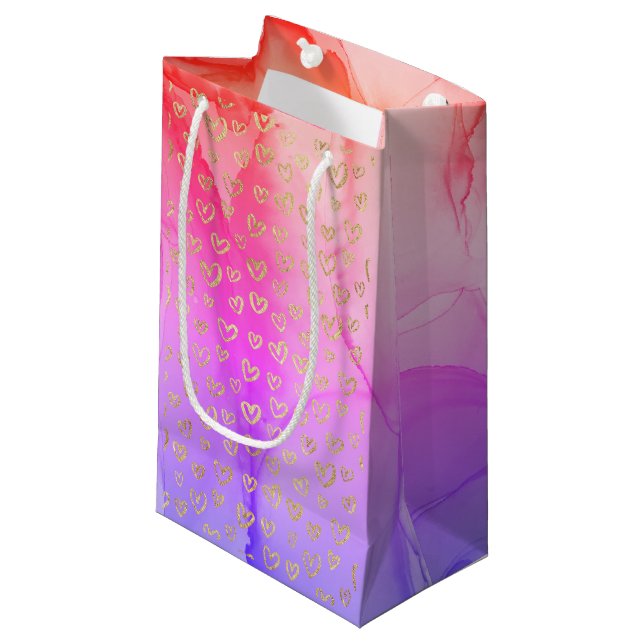 Girly Lila Guld Hearts Small Gift Bag (Framsidan Vinklad)
