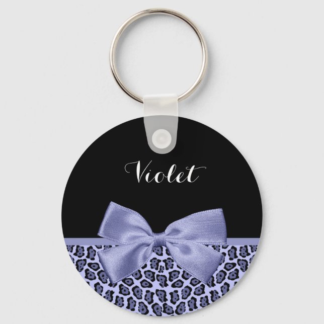 Girly Lila Jaguar Skriv ut lavender Bow med Namn Nyckelring (Framsida)