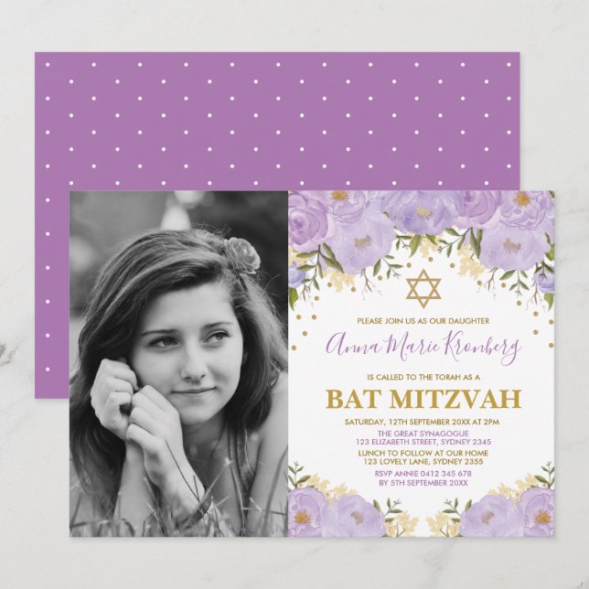 Girly Lila Lavender Guld Blommigt Bat mitzvah Inbjudningar (Fram/baksida)