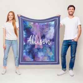 Girly Lila och Blue Watercolor Monogram Namn Fleecefilt