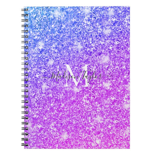 Girly Lila och Rosa Glitter Monogram Namn Anteckningsbok (Framsidan)