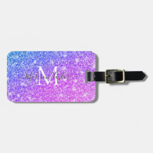 Girly Lila och Rosa Glitter Monogram Namn Bagagebricka