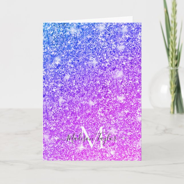 Girly Lila och Rosa Glitter Monogram Namn Helgkort (Framsida)