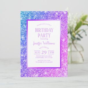 Girly Lila och Rosa Glitter Monogram Namn Inbjudningar