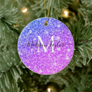 Girly Lila och Rosa Glitter Monogram Namn Julgransprydnad Keramik