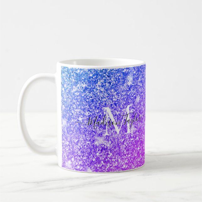 Girly Lila och Rosa Glitter Monogram Namn    Kaffemugg (Vänster)