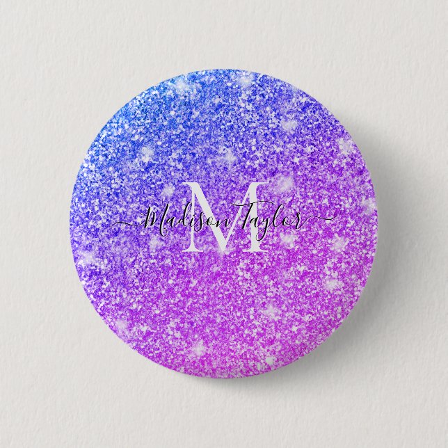 Girly Lila och Rosa Glitter Monogram Namn Knapp (Framsida)