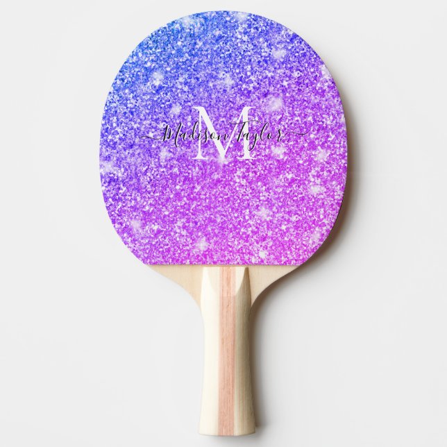 Girly Lila och Rosa Glitter Monogram Namn Pingisracket (Framsidan)