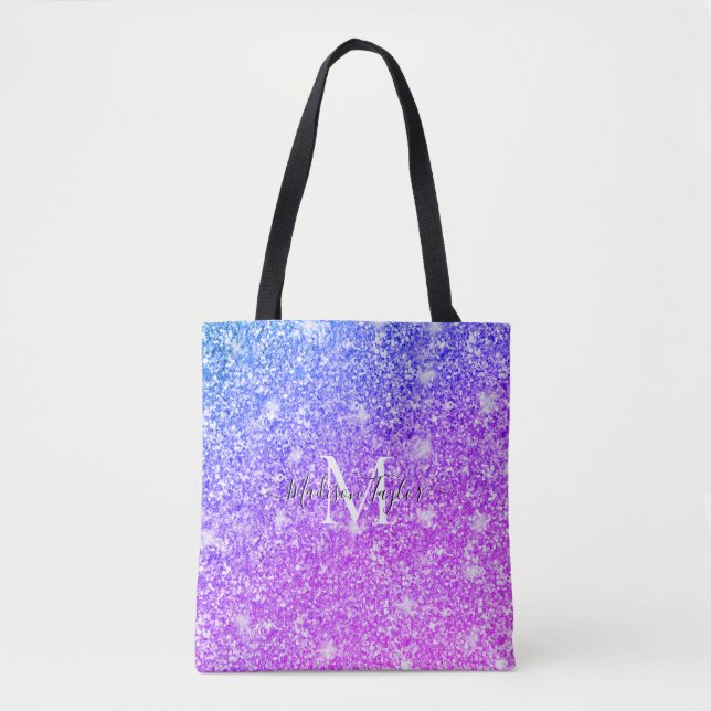 Girly Lila och Rosa Glitter Monogram Namn Tygkasse (Framsida)