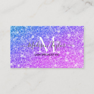 Girly Lila och Rosa Glitter Monogram Namn Visitkort