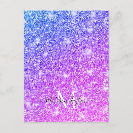 Girly Lila och Rosa Glitter Monogram Namn Vykort