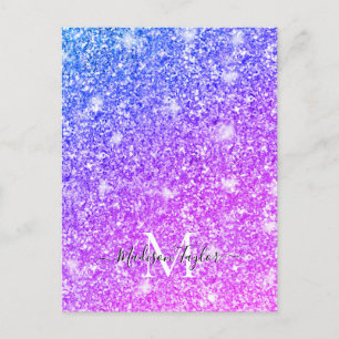 Girly Lila och Rosa Glitter Monogram Namn Vykort