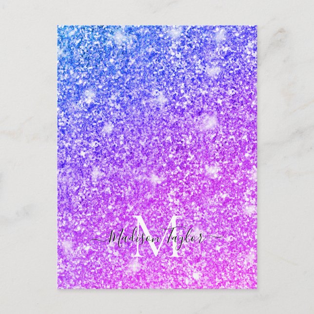 Girly Lila och Rosa Glitter Monogram Namn Vykort (Framsida)