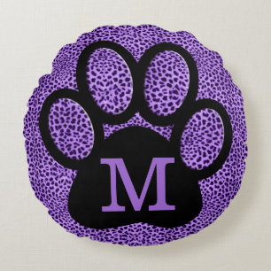 Girly Lila Paw-utskrift med Monogram i Cheetah Rund Kudde