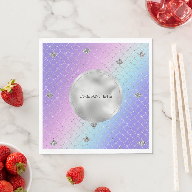 Girly Lila Rosa Aqua Silver Sjöjungfru Glitter Pappersservett (Insitu)