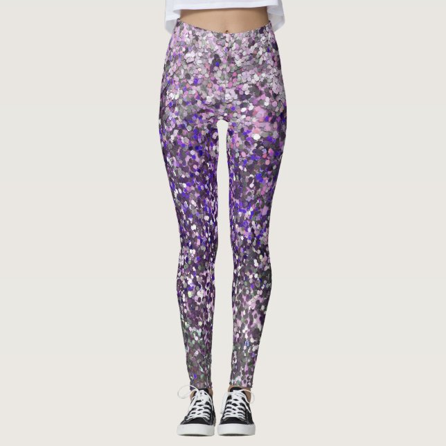 Girly Lila Silver Glitter Sequin Confetti Leggings (Framsida)