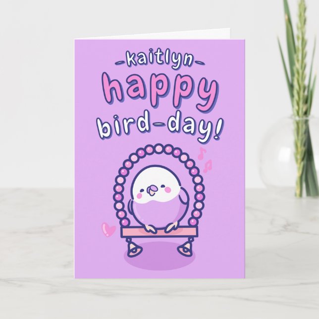 Girly Lila Tecknad Budgie Pun Birthday Kort (Framsida)