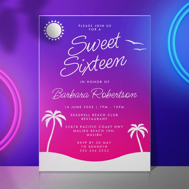 Girly Lila Tropical Sunset Script Sweet sixteen Inbjudningar (Sweet sixteen invitation with sunset and tropical palm trees)