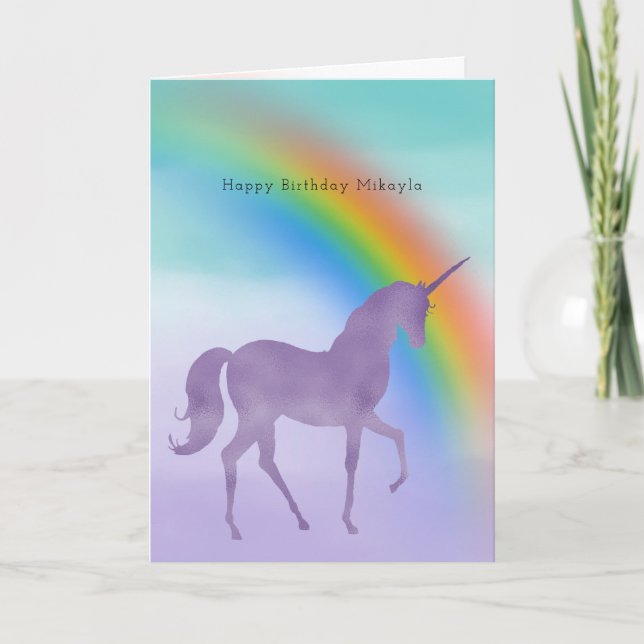 Girly Lila Unicorn Rainbow Personlig Namn Kort (Framsida)