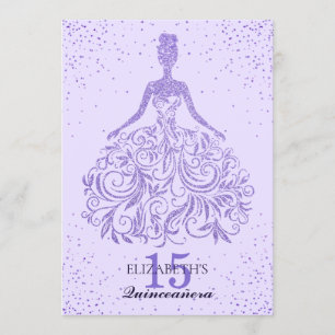 Girly Lila Violet Glitter Dress Quinceañera Inbjudningar