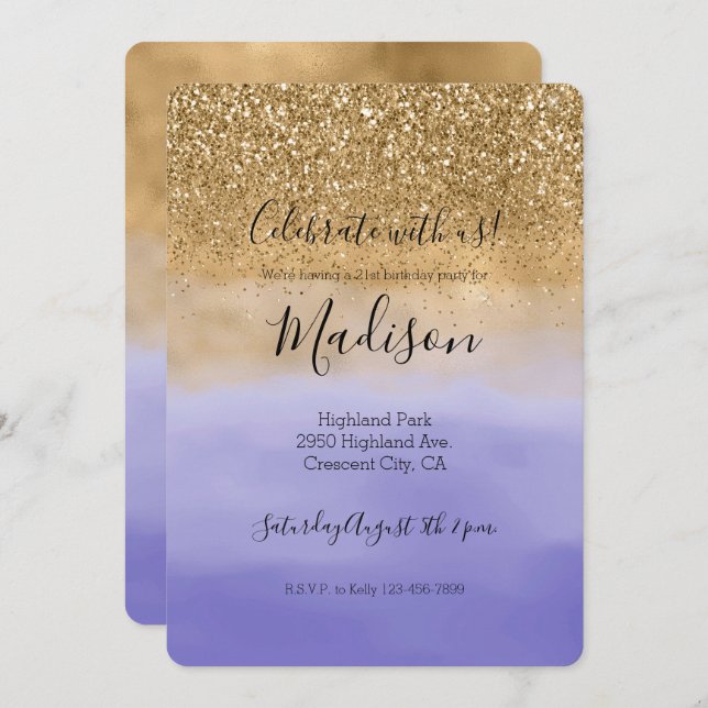 Girly Lila Watercolor Guld Glitter Inbjudningar (Fram/baksida)