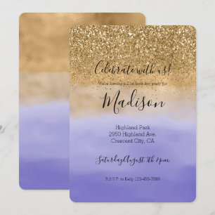 Girly Lila Watercolor Guld Glitter Inbjudningar