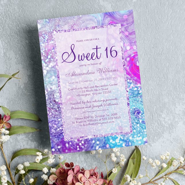 Girly lilac lavender teal marble glitter Sweet 16 Inbjudningar (Girly lilac lavender teal marble glitter Sweet 16 Invitation )