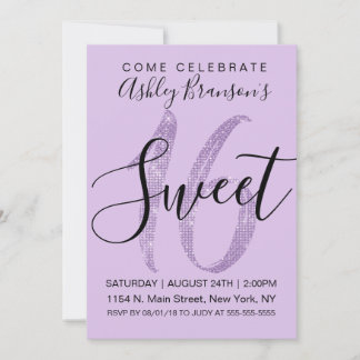 Girly Lilac Lila Sequin Glitter Sweet 16 Inbjudningar