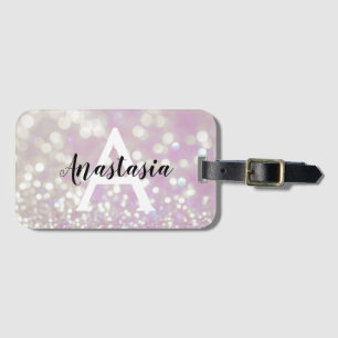 Girly Lilac Shimmer Glitter Sparkles Monogram Namn Bagagebricka