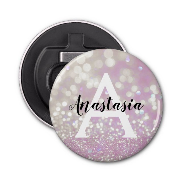 Girly Lilac Shimmer Glitter Sparkles Monogram Namn Flasköppnare (Framsidan)