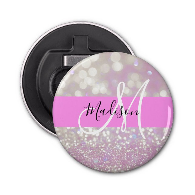 Girly Lilac Shimmer Glitter Sparkles Monogram Namn Flasköppnare (Framsidan)