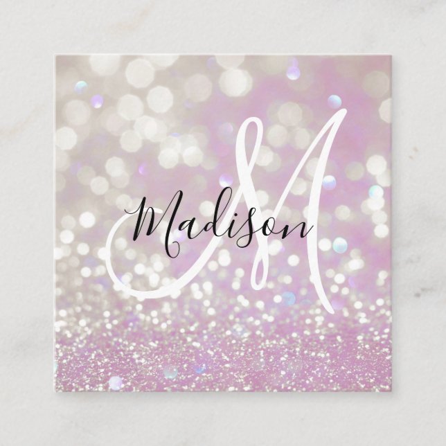 Girly Lilac Shimmer Glitter Sparkles Monogram Namn Fyrkantigt Visitkort (Framsida)