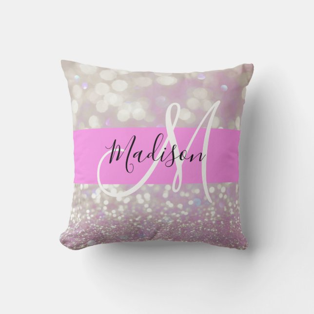 Girly Lilac Shimmer Glitter Sparkles Monogram Namn Kudde (Framsida)