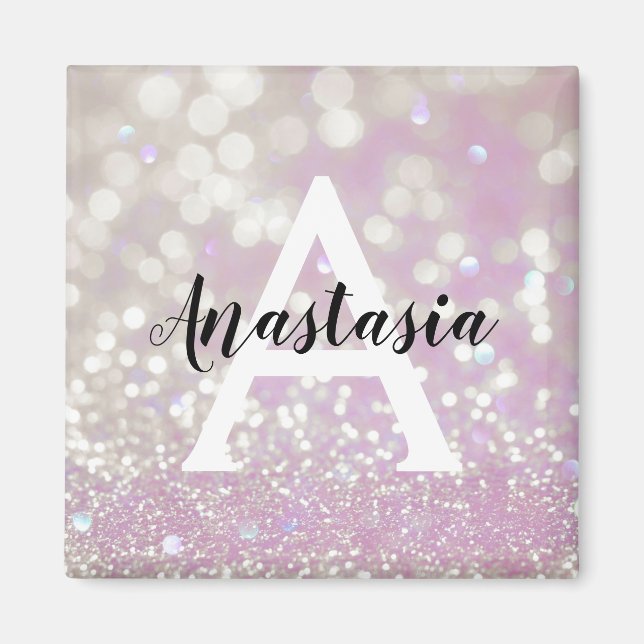 Girly Lilac Shimmer Glitter Sparkles Monogram Namn Magnet (Framsidan)