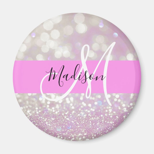 Girly Lilac Shimmer Glitter Sparkles Monogram Namn Magnet (Framsidan)