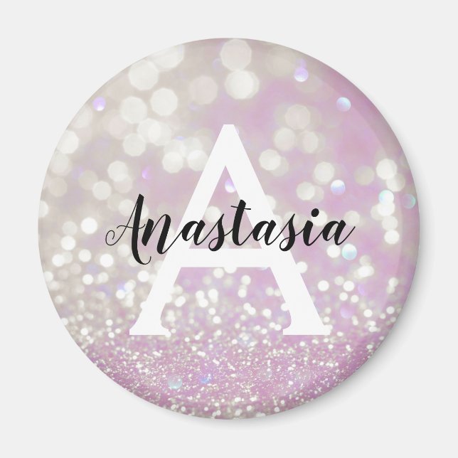 Girly Lilac Shimmer Glitter Sparkles Monogram Namn Magnet (Framsidan)