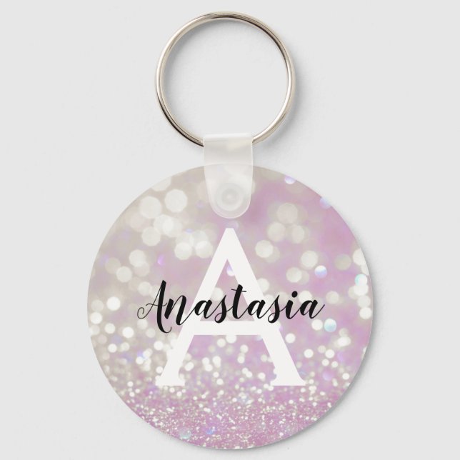 Girly Lilac Shimmer Glitter Sparkles Monogram Namn Nyckelring (Framsida)