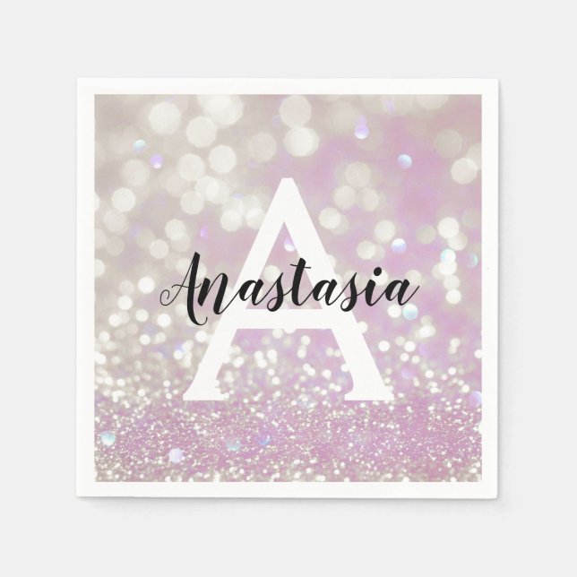 Girly Lilac Shimmer Glitter Sparkles Monogram Namn Pappersservett (Framsidan)