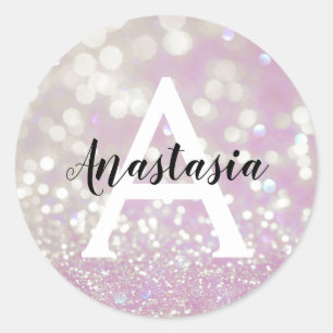 Girly Lilac Shimmer Glitter Sparkles Monogram Namn Runt Klistermärke