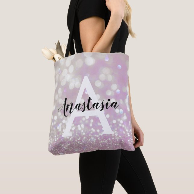 Girly Lilac Shimmer Glitter Sparkles Monogram Namn Tygkasse (Närbild)