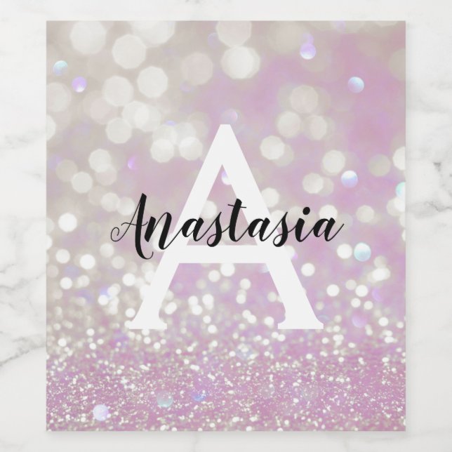 Girly Lilac Shimmer Glitter Sparkles Monogram Namn Vinflaska Etikett (Singel etikett)