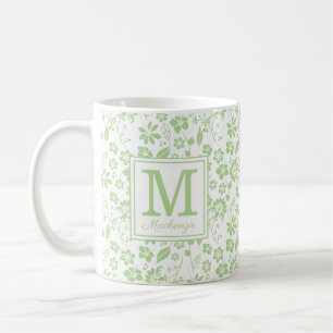 Girly Lime Green Tropical Flowers Monogram Kaffemugg