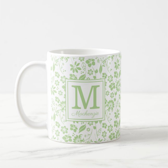 Girly Lime Green Tropical Flowers Monogram Kaffemugg (Vänster)
