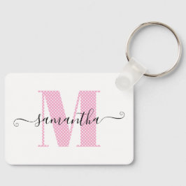 Girly Ljus rosa och White Polka Dot Monogram Nyckelring