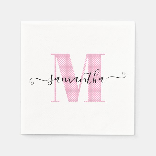 Girly Ljus rosa och White Polka Dot Monogram Pappersservett (Framsidan)