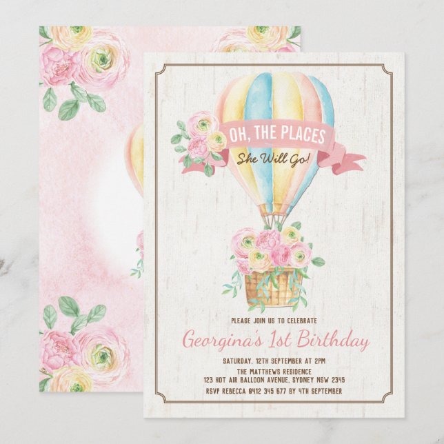 Girly Luftballong Rosa Blommigt Girl Birthday Inbjudningar (Fram/baksida)