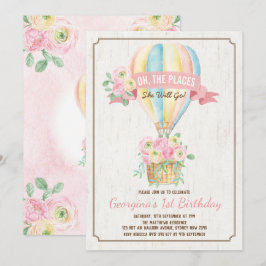 Girly Luftballong Rosa Blommigt Girl Birthday Inbjudningar