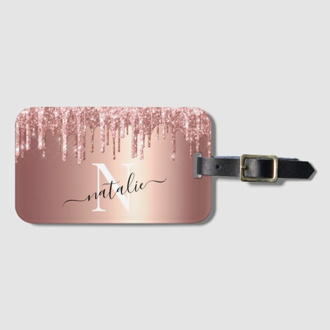 Girly Luxe Glitter Drip Foil Monogram Bagagebricka (Framsida horisontal)